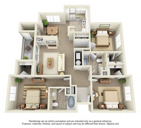 Floor plan for 3 beds, 2 baths, 1318 sqft